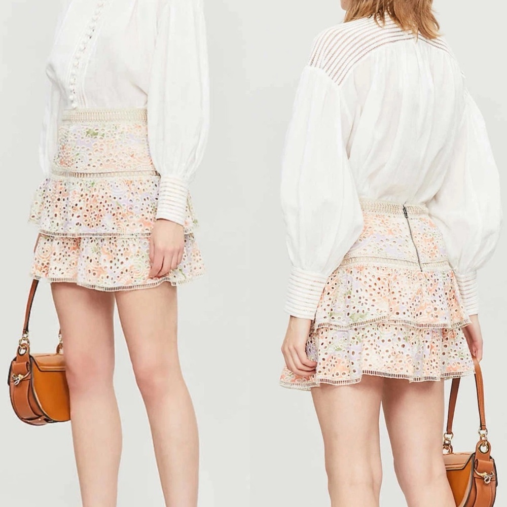 Alice + Olivia Kirsten Embroidered Eyelet Tiered Ruffle Mini Skirt In Peach Sz 2